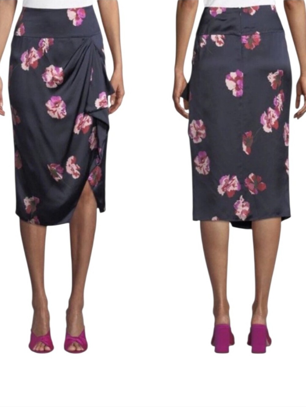 Joie Alphina Floral Draped Pencil Skirt NWT Silk Look Navy Pink Size 2 - Picture 3 of 10